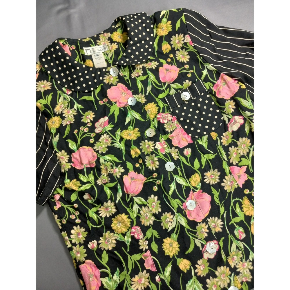 f.l. malik Floral Mixed Print Rayon Button Up Blouse Black Pink USA M Vintage